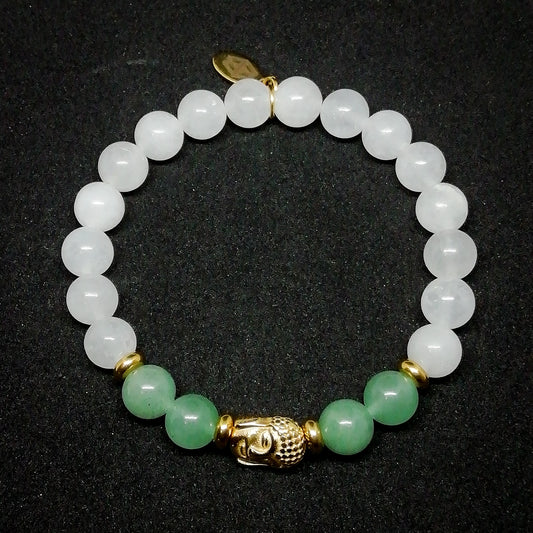 Buddha gold with green jade and white calcedonia.