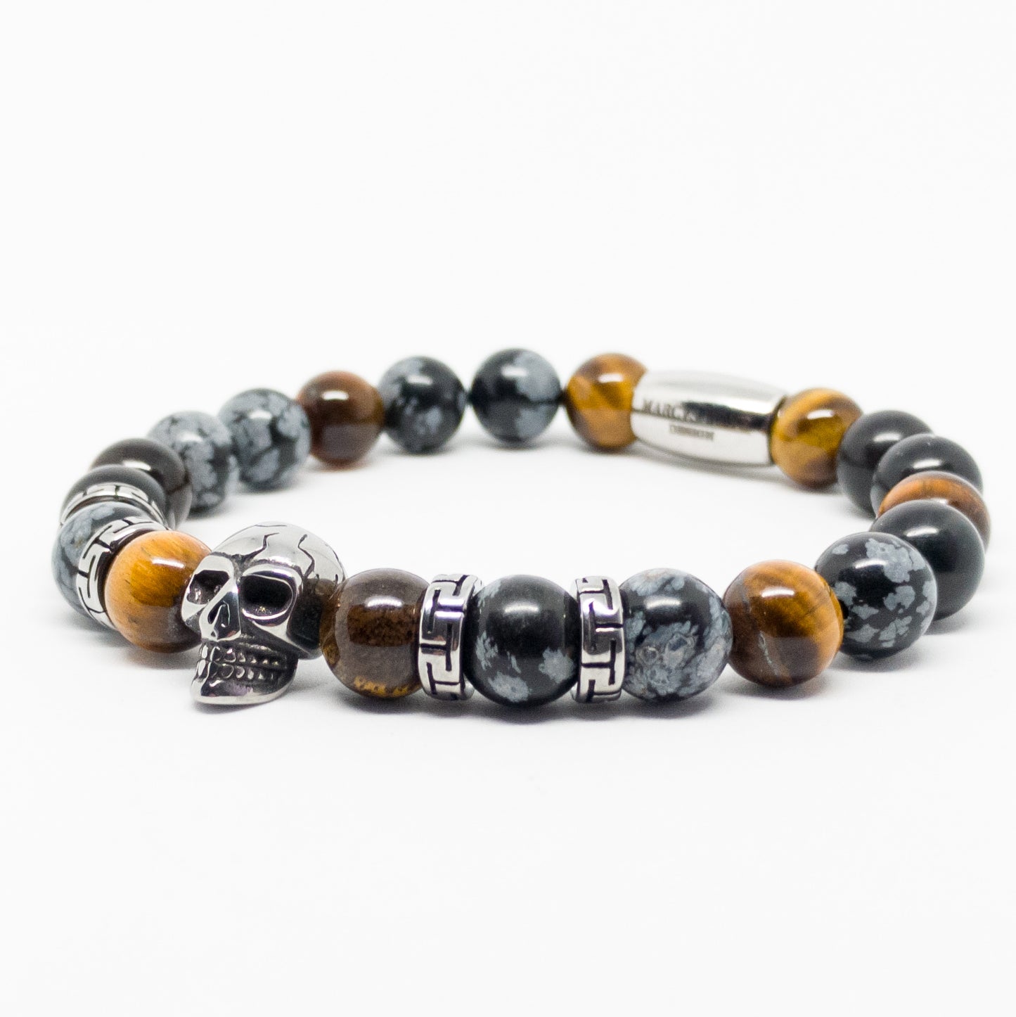 Pulsera cráneo con obsidiana nevada y ojo de tigre (8mm.)