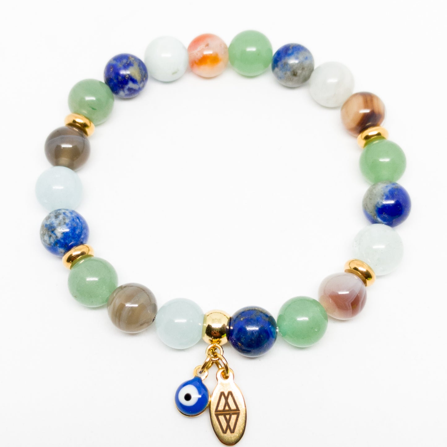 Pulsera ojo turco para mujer con Aguamarina, botswana, jade verde, y lapislázuli