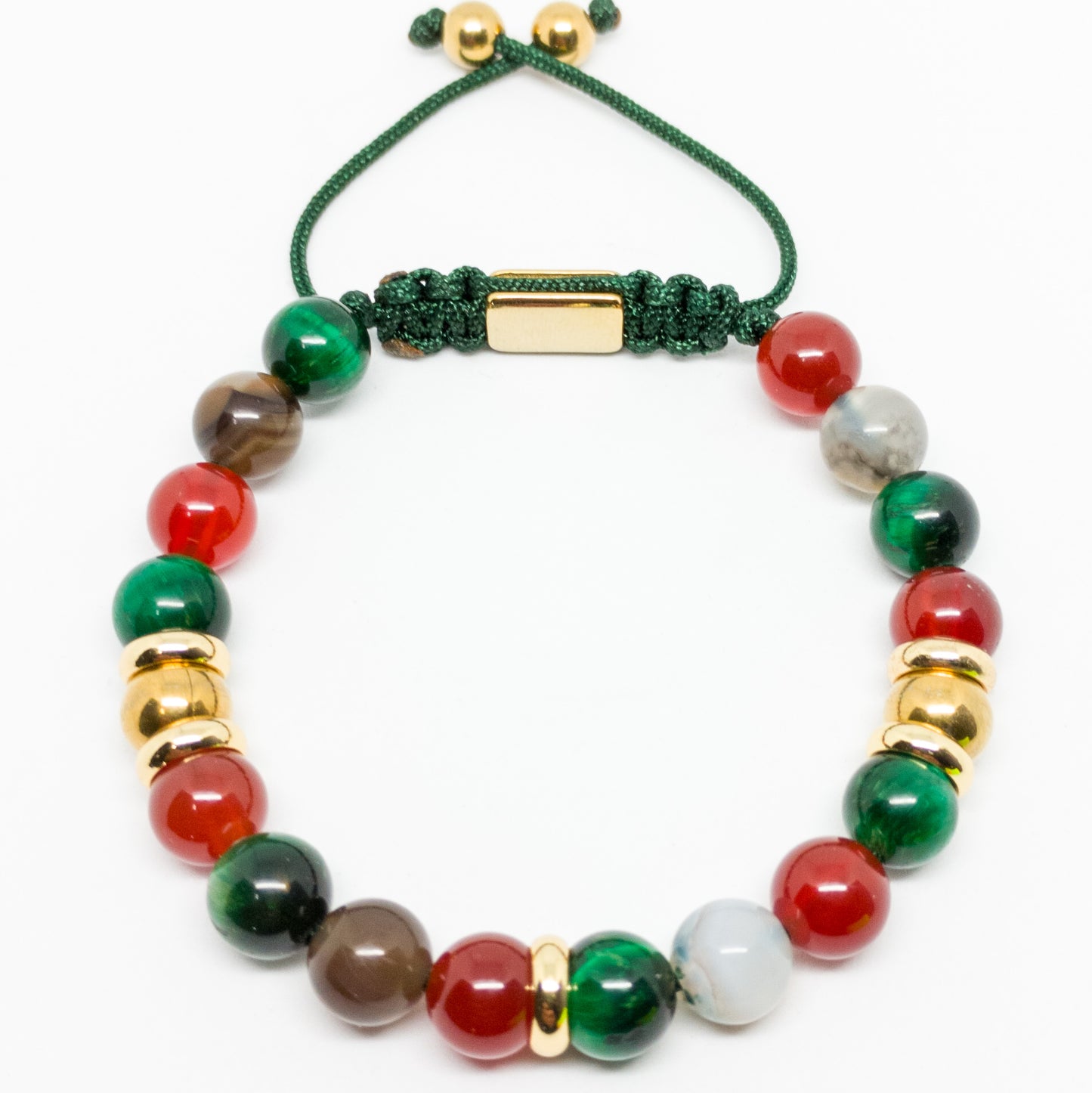 Pulsera de mujer con jade rojo, Botswana y ojo de tigre verde.