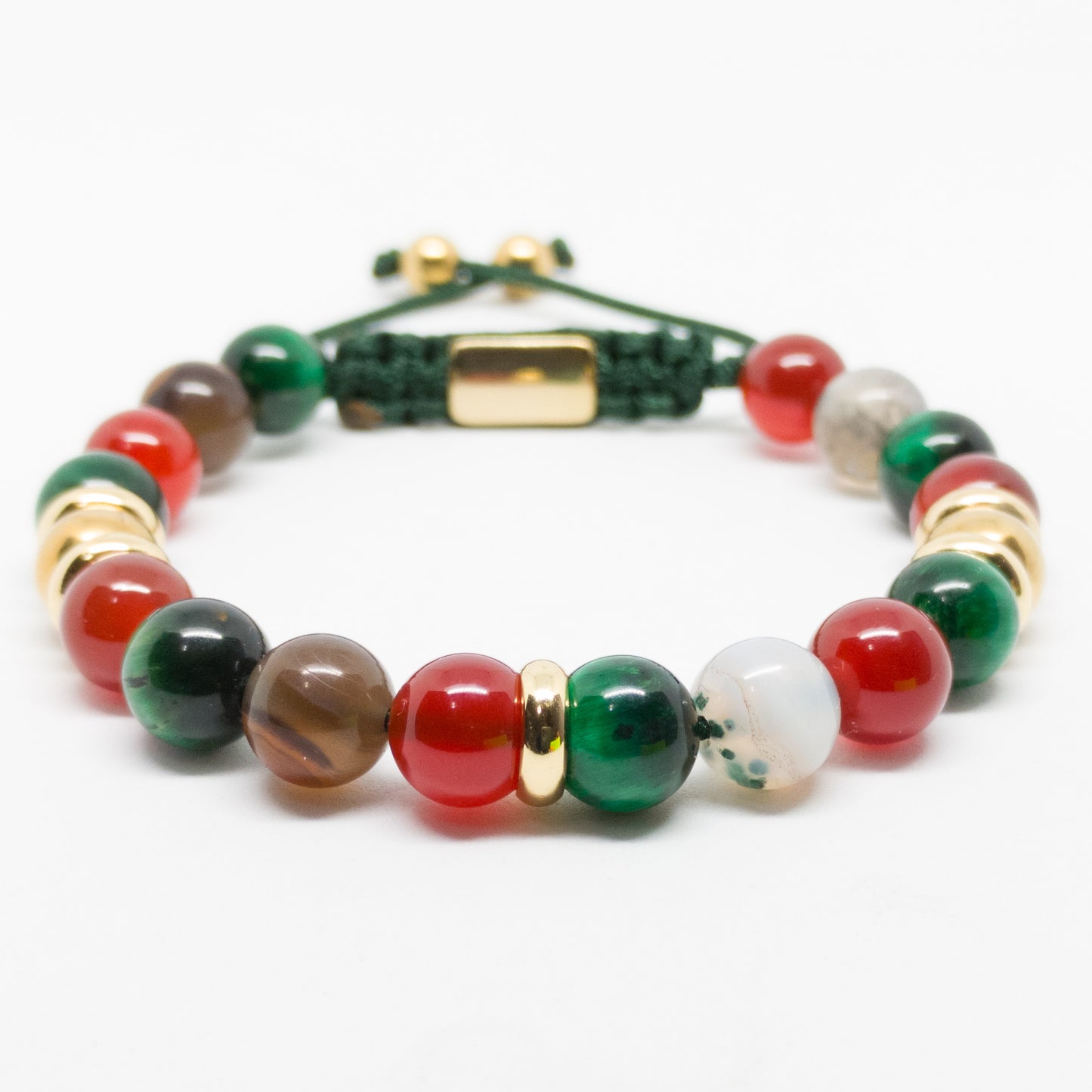 Pulsera de mujer con jade rojo, Botswana y ojo de tigre verde.