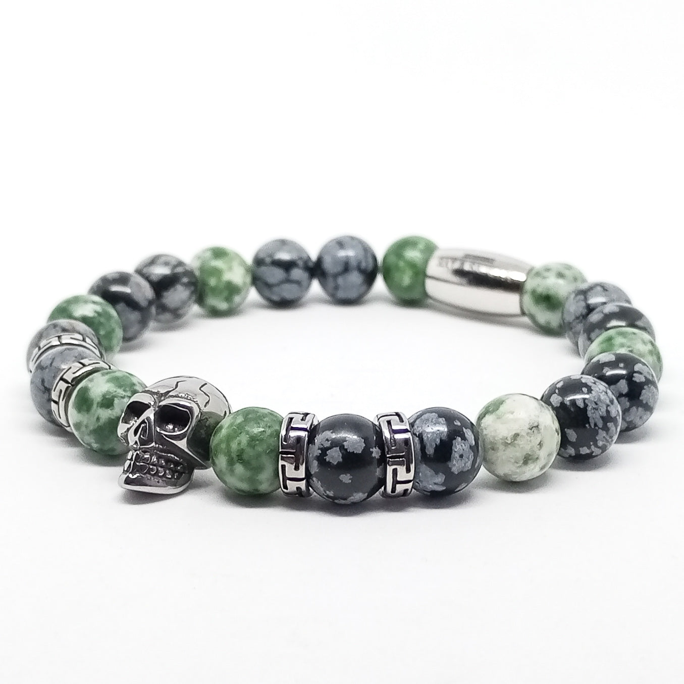 Pulsera cráneo con obsidiana nevada y jaspe de punto verde.