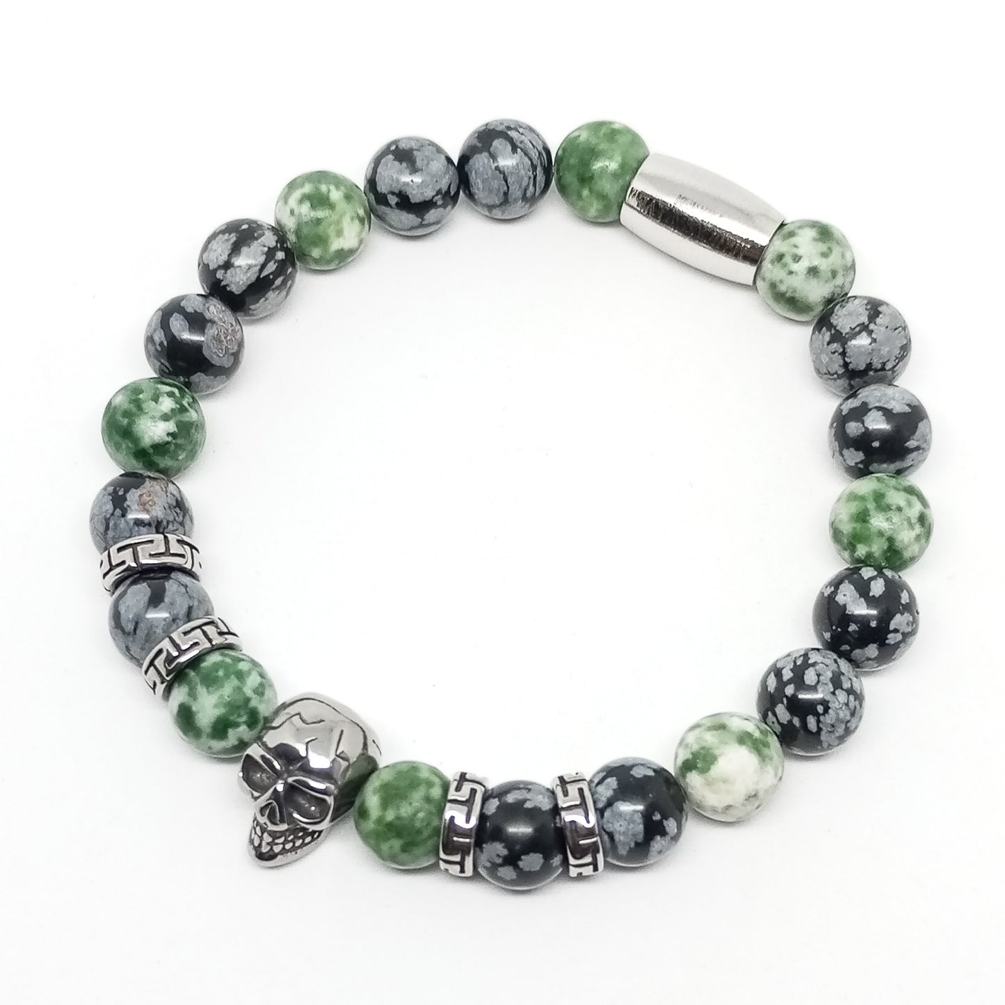 Pulsera cráneo con obsidiana nevada y jaspe de punto verde.