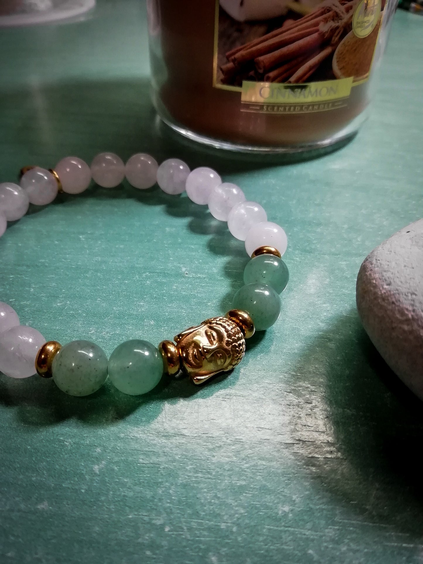 Buddha gold with green jade and white calcedonia.