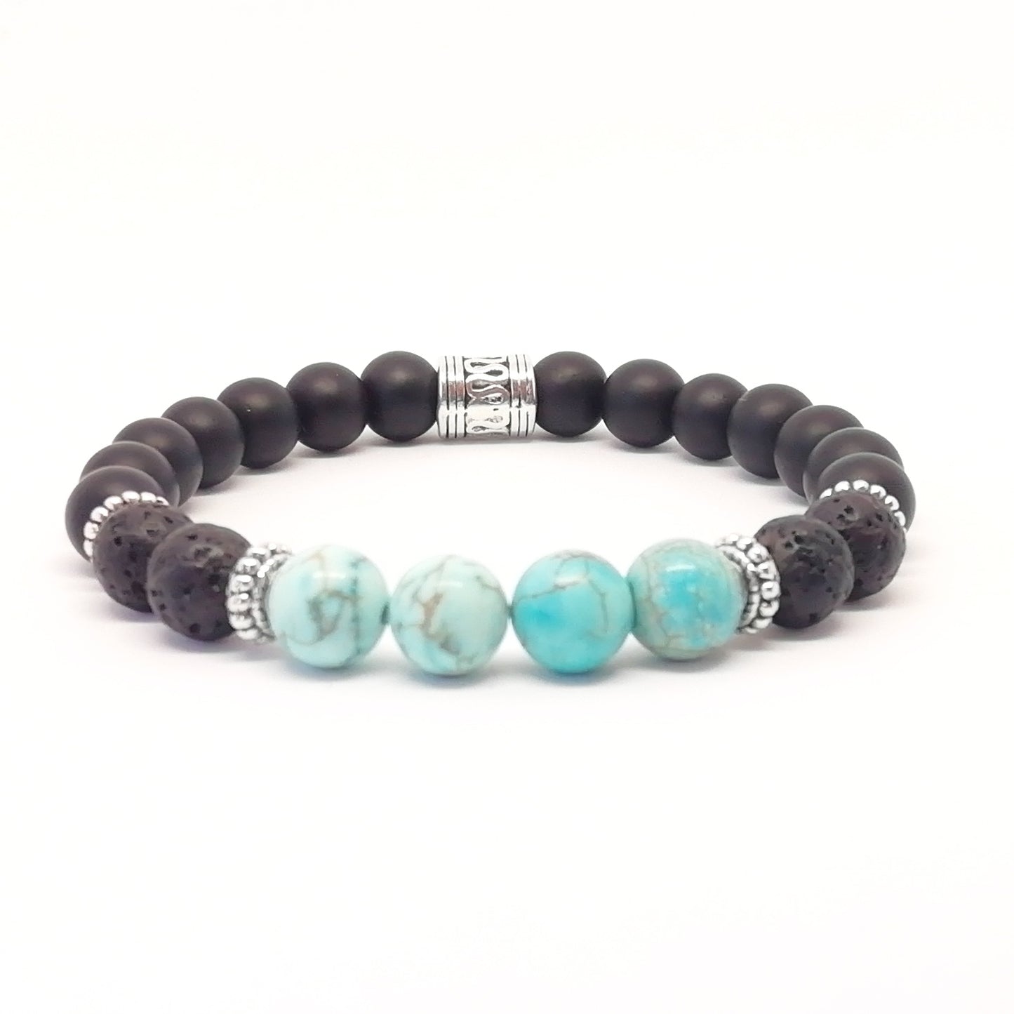 PULSERA AQUA Con Onix mate, turquesa y Volcánica.