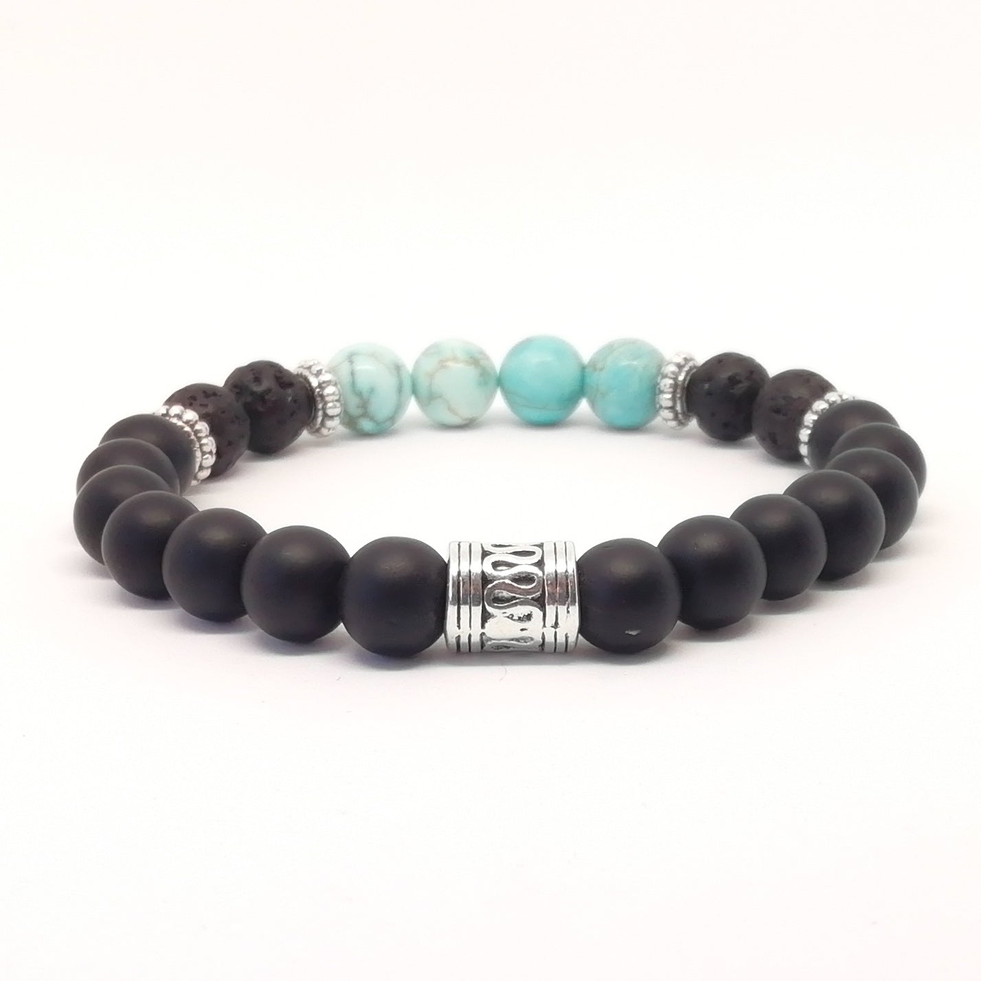 PULSERA AQUA Con Onix mate, turquesa y Volcánica.