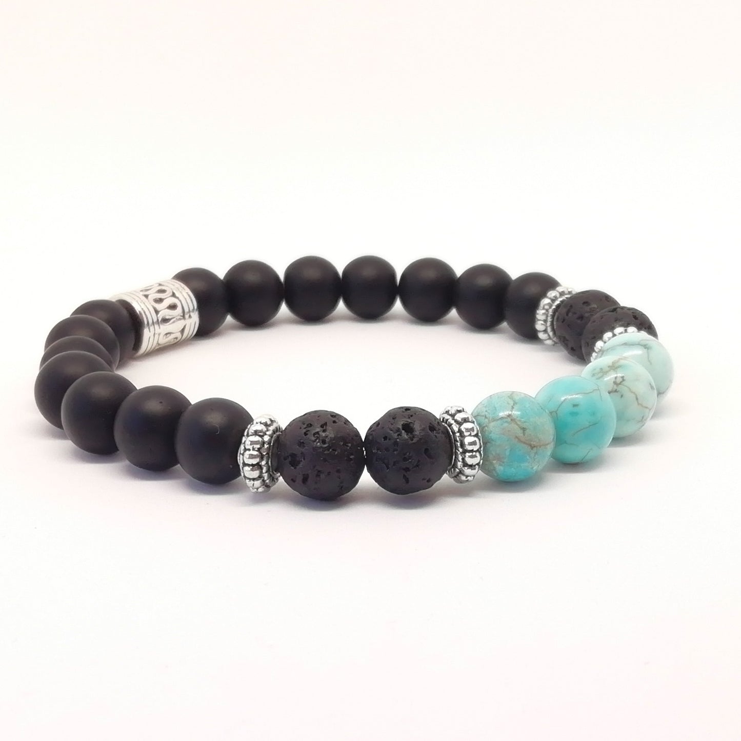 PULSERA AQUA Con Onix mate, turquesa y Volcánica.