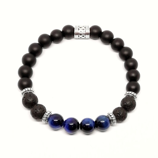 Blue lagoon ~ Pulsera con Agata onix, piedra volcánica y ojo de tigre azul.