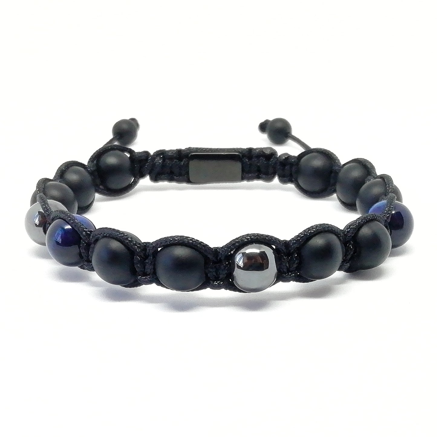 Shamballa con agatas onix, ojo de tigre azul y hematitas Bracelet - 8mm.